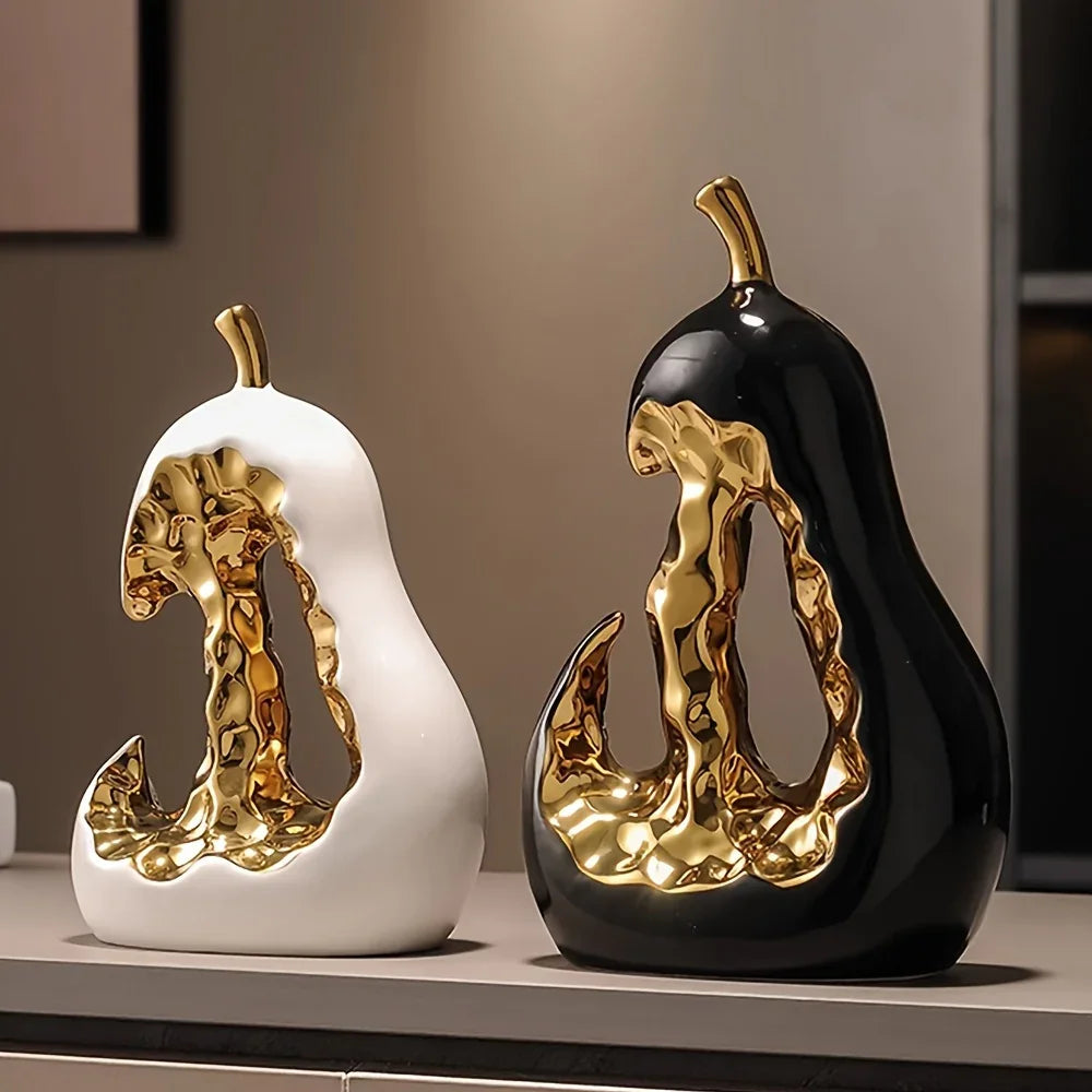 Modern Ceramic Pear Sculpture with Gold Abstract Center