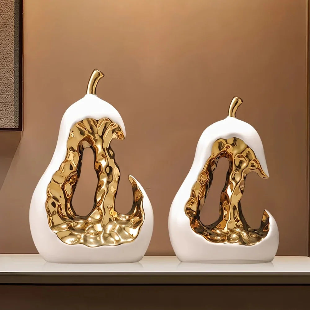 Modern Ceramic Pear Sculpture with Gold Abstract Center