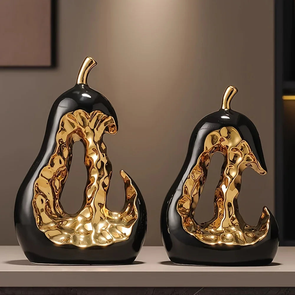 Modern Ceramic Pear Sculpture with Gold Abstract Center
