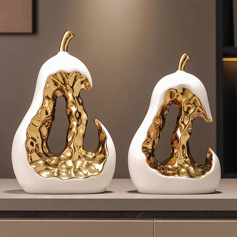 Modern Ceramic Pear Sculpture with Gold Abstract Center