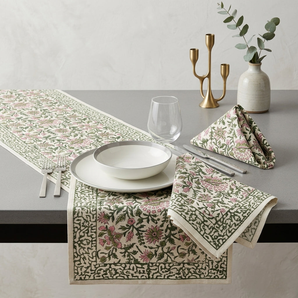Hand Block Printed Cotton Emerald Green & Pink All-Over 13 Pieces Floral Table Linen Set