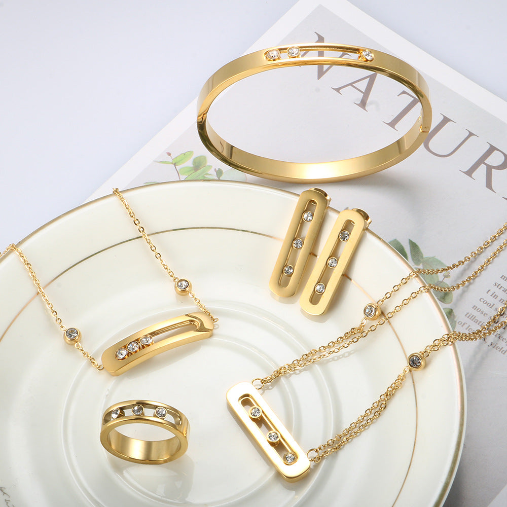 Stainless Steel Diamond Circle Moving Stone Holder Jewelry Set