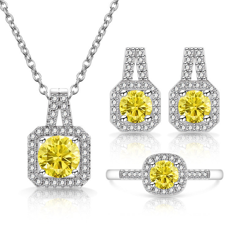 Broadcast Fashion Colored Gems Princess Square Bag Three-piece Suit Jewelry Set