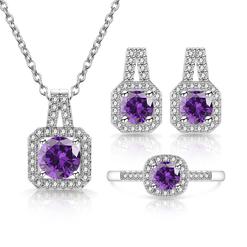 Broadcast Fashion Colored Gems Princess Square Bag Three-piece Suit Jewelry Set