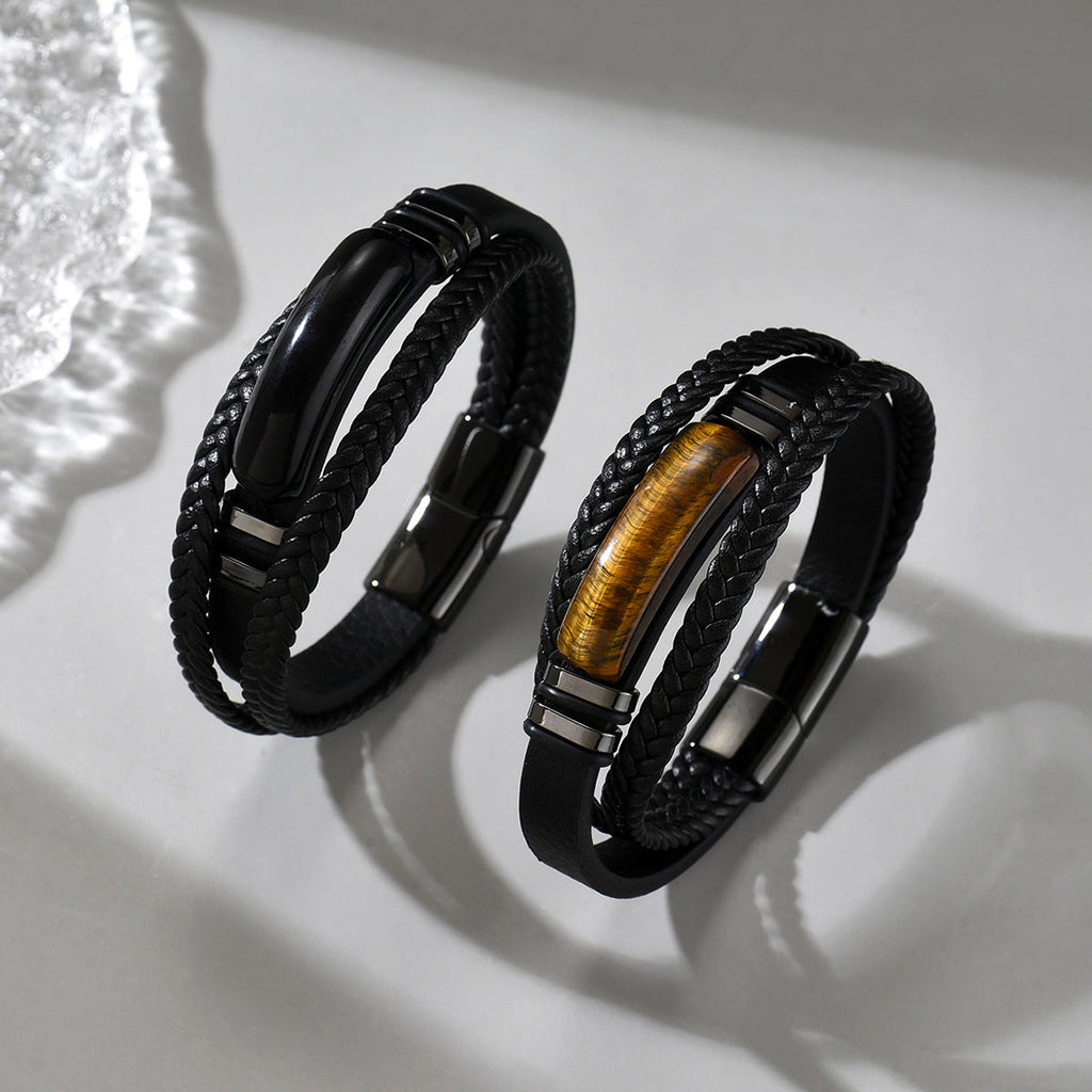 Men's Woven Leather Tigereye Obsidian Stitching Simple Bracelets