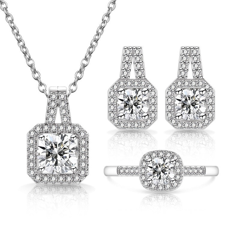 Broadcast Fashion Colored Gems Princess Square Bag Three-piece Suit Jewelry Set
