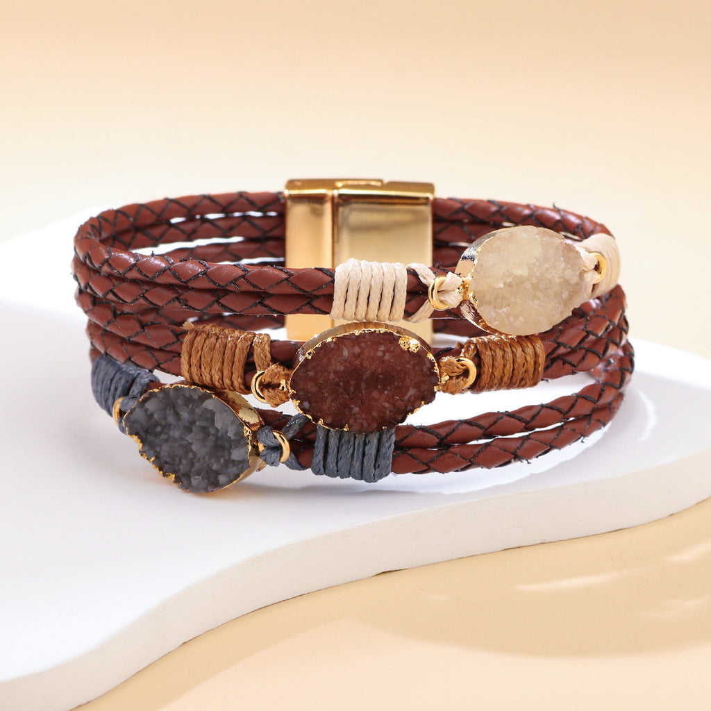 Women's & Men's High-grade Crystal Leather Hand Weaving Magnetic Bracelet