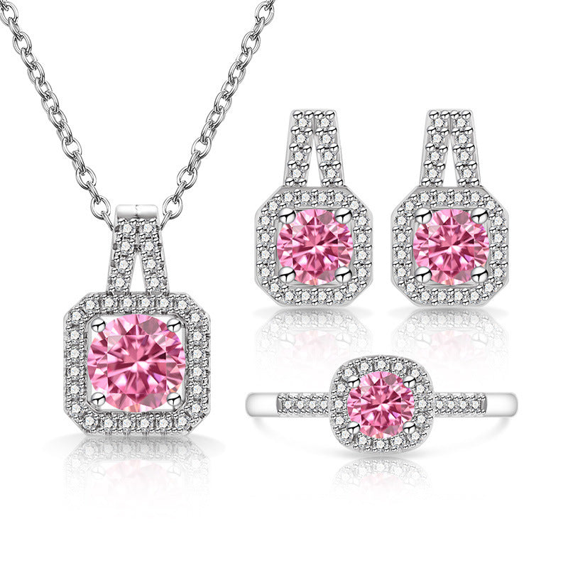 Broadcast Fashion Colored Gems Princess Square Bag Three-piece Suit Jewelry Set