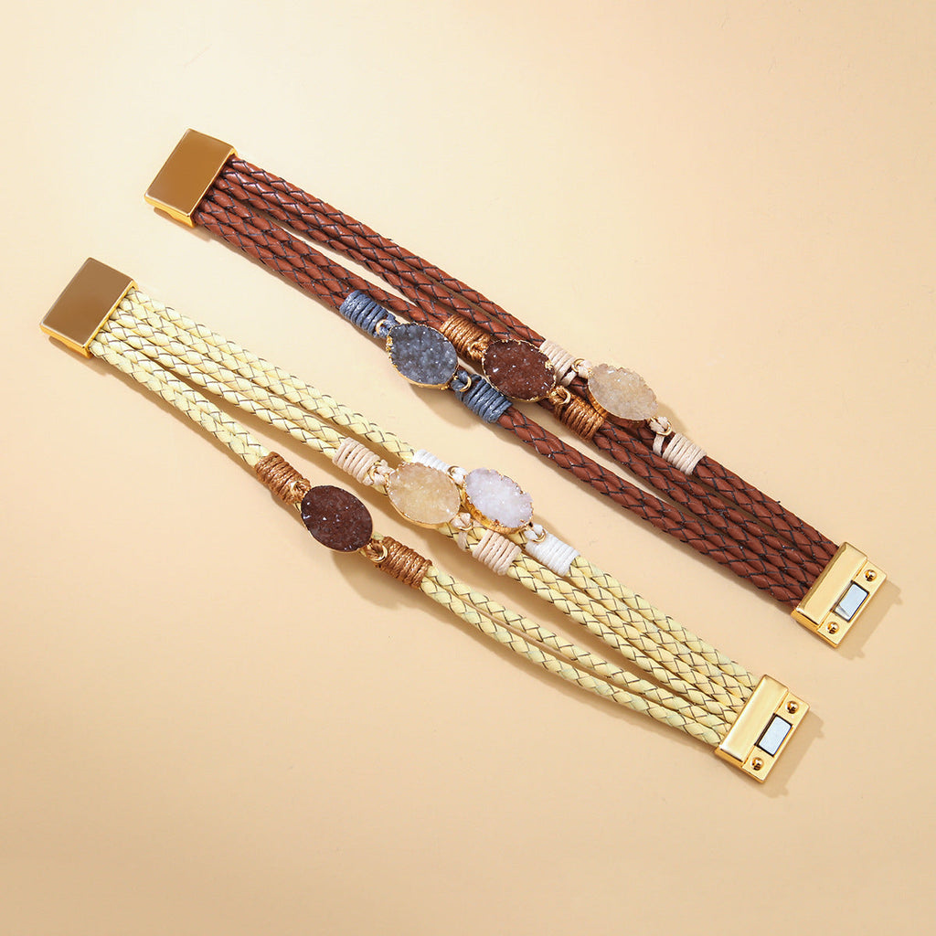 Women's & Men's High-grade Crystal Leather Hand Weaving Magnetic Bracelet