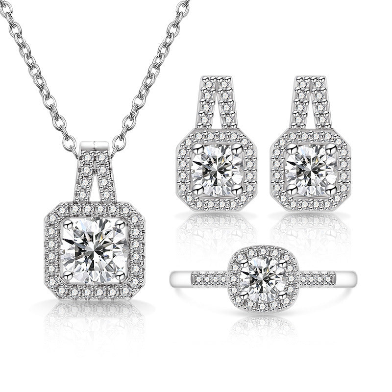Broadcast Fashion Colored Gems Princess Square Bag Three-piece Suit Jewelry Set