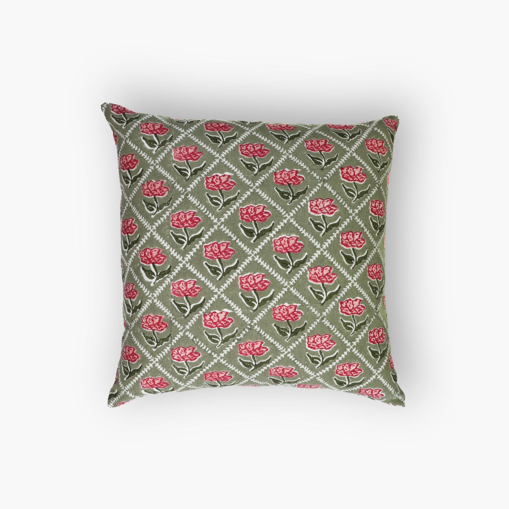Noor Linen Pillow Cover — Olive & Pink