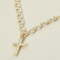 14K Gold Plated CZ Stone Paved Cross Pendant Chunky Circle Link Chain Necklace