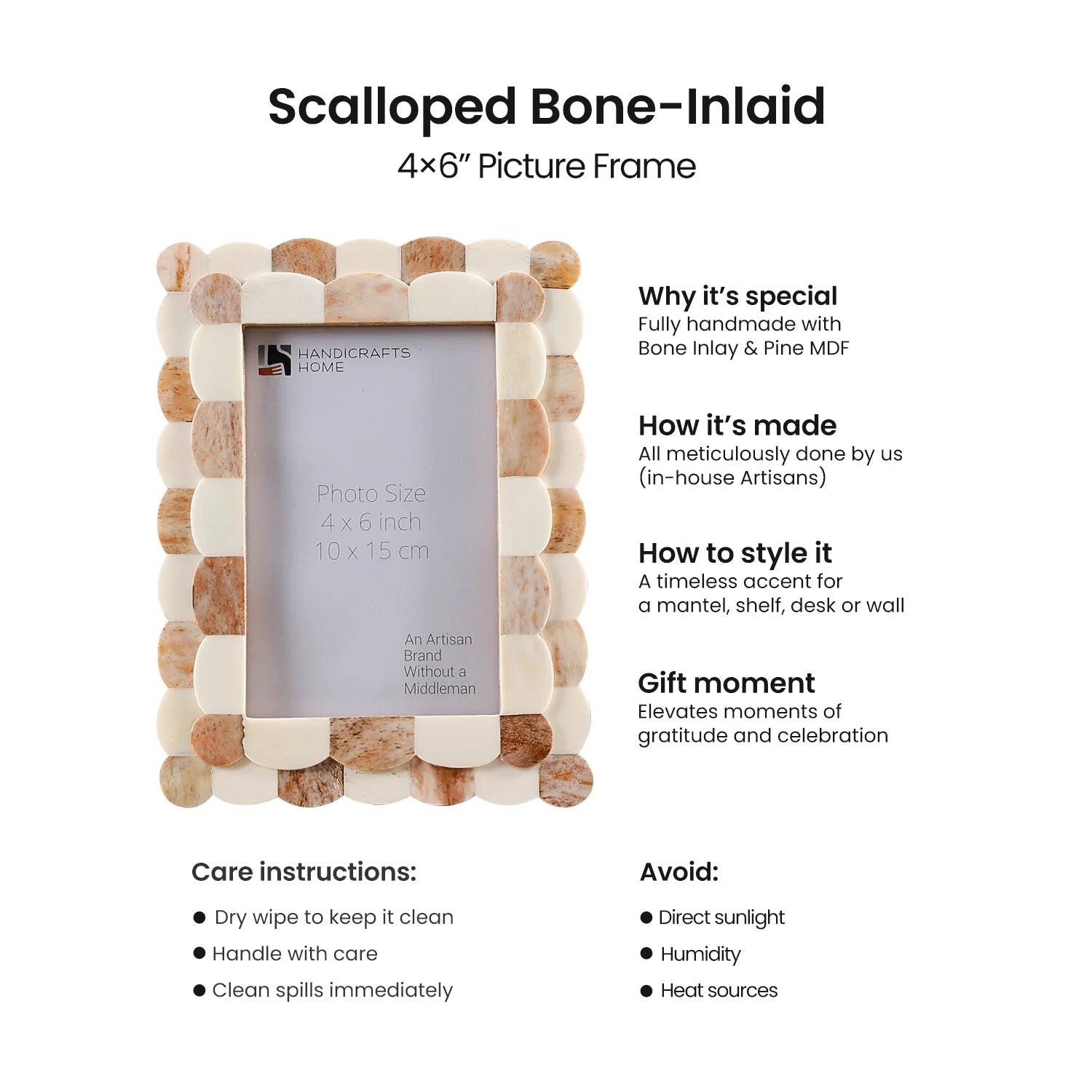 Picture Frame Scalloped Art Collection Bone Inlay Brown White 3 Sizes