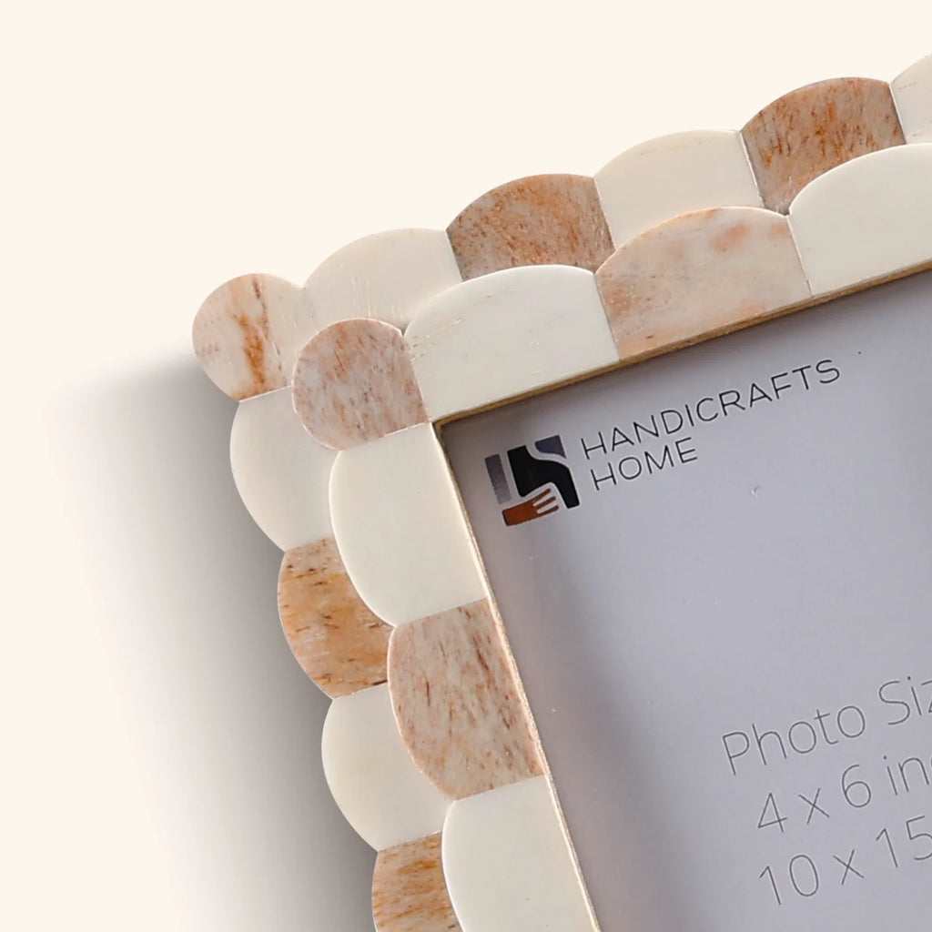Picture Frame Scalloped Art Collection Bone Inlay Brown White 3 Sizes