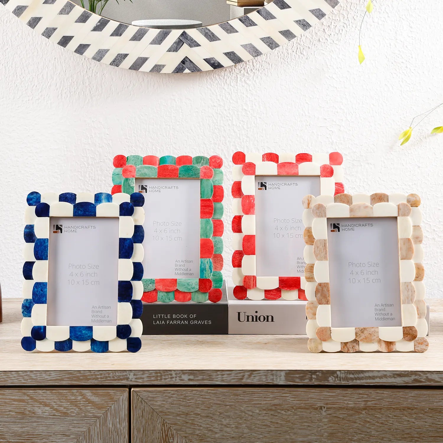 Picture Frame Scalloped Art Collection Bone Inlay Brown White 3 Sizes