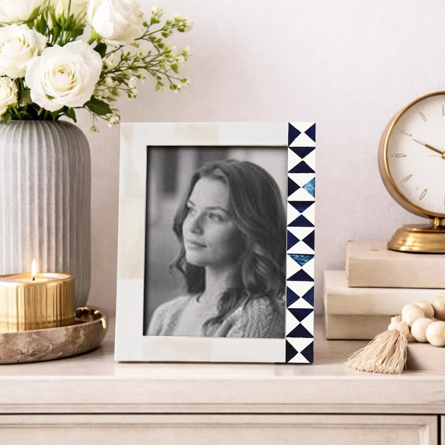 Blue White Picture Frame | Indigo Mosaic Bone Inlay | 4x6 5x7