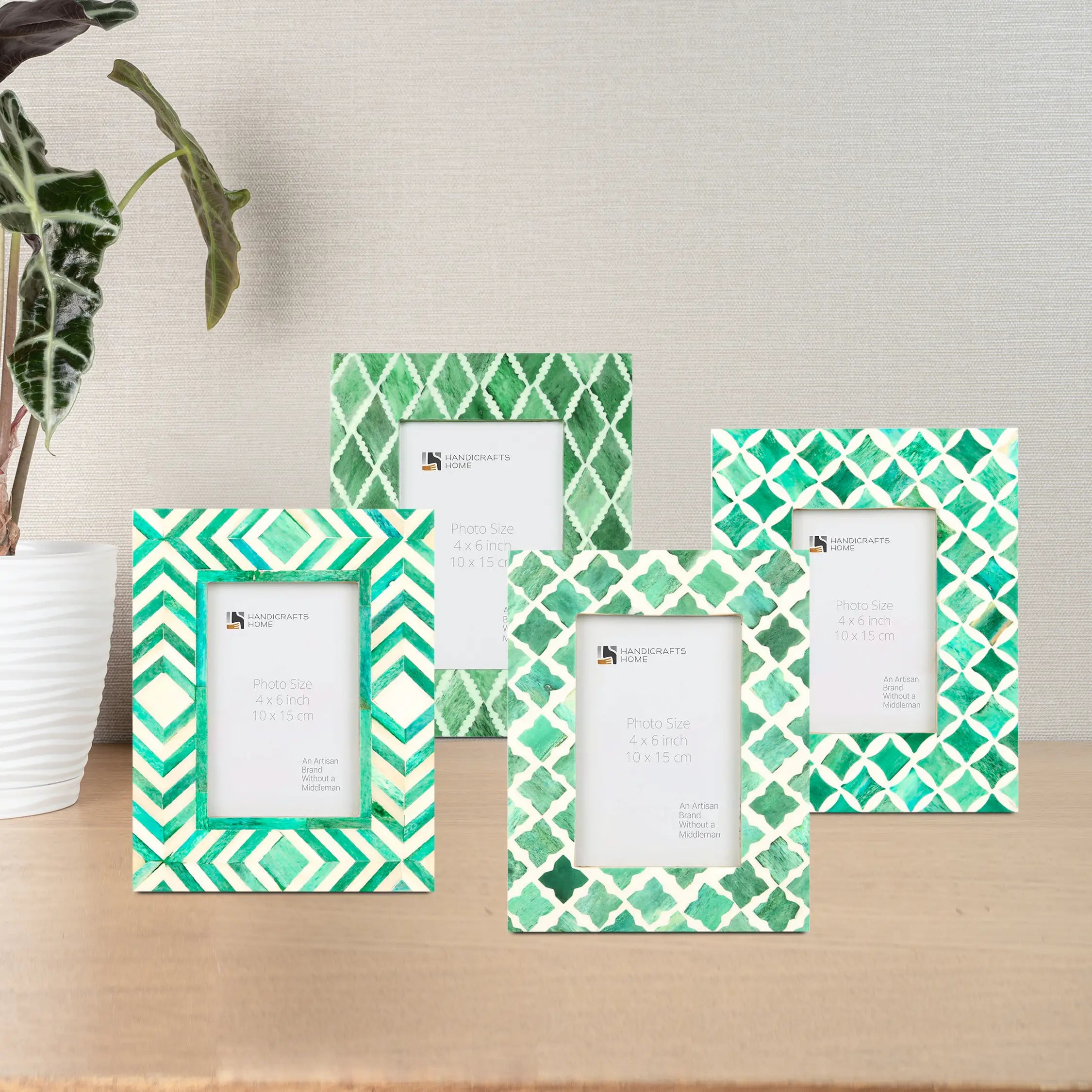 Green Bone Inlay Picture Frames Set of 4 | Mosaic Collection | Fits 4x6 Photos