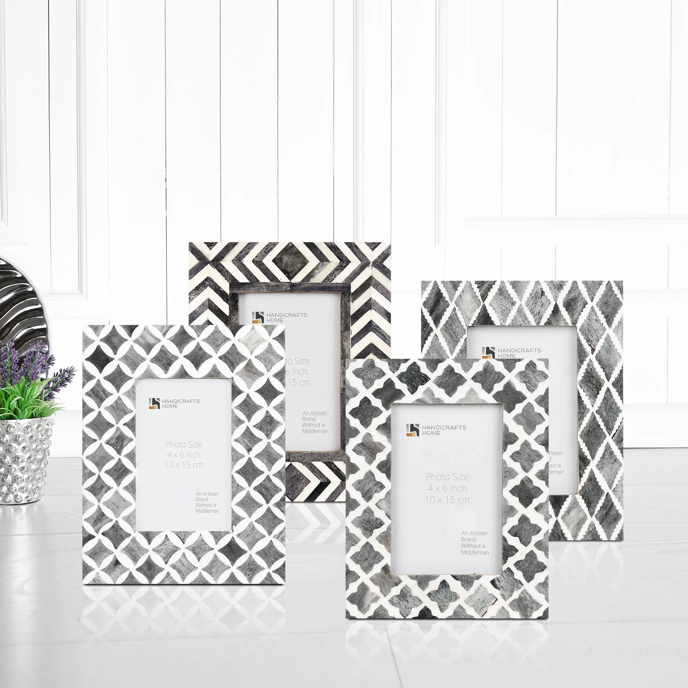 Grey Bone Inlay Picture Frames Set of 4 | Mosaic Collection | Fits 4x6 Photos