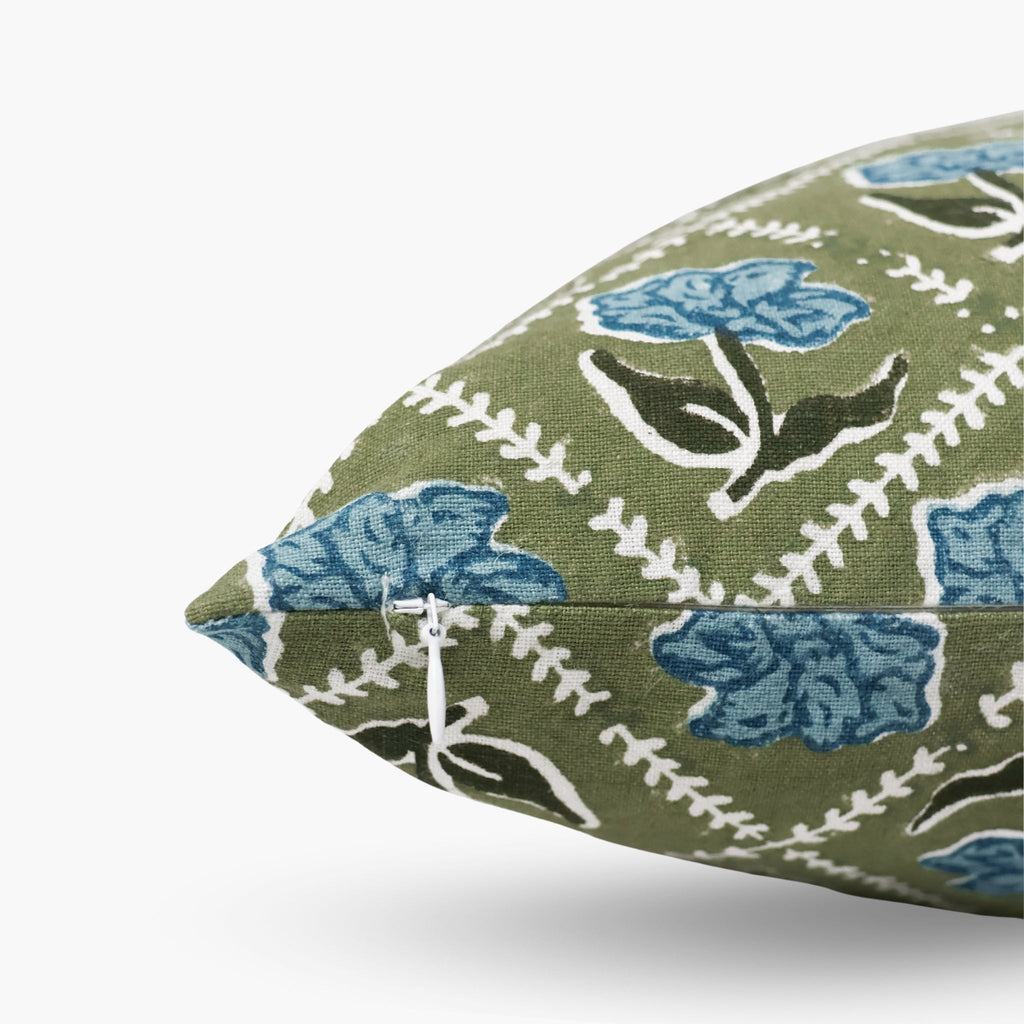 Noor Linen Lumbar Pillow Cover — Olive & Blue