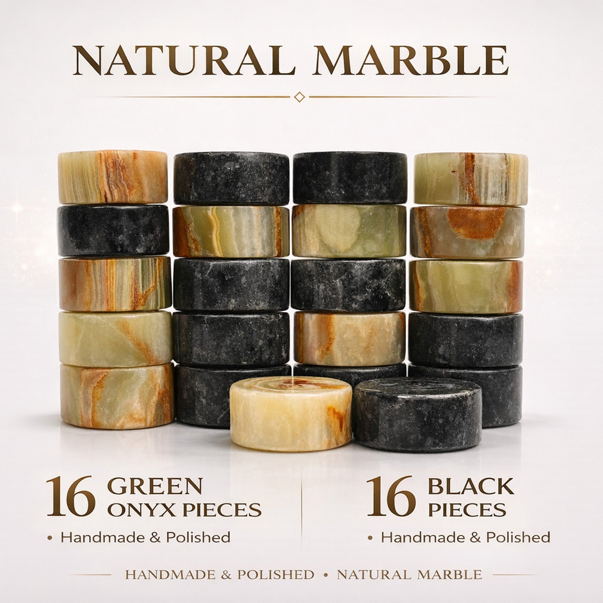 Black & Green Onyx Marble Checkers Set – (32 Premium Luxury Pieces)