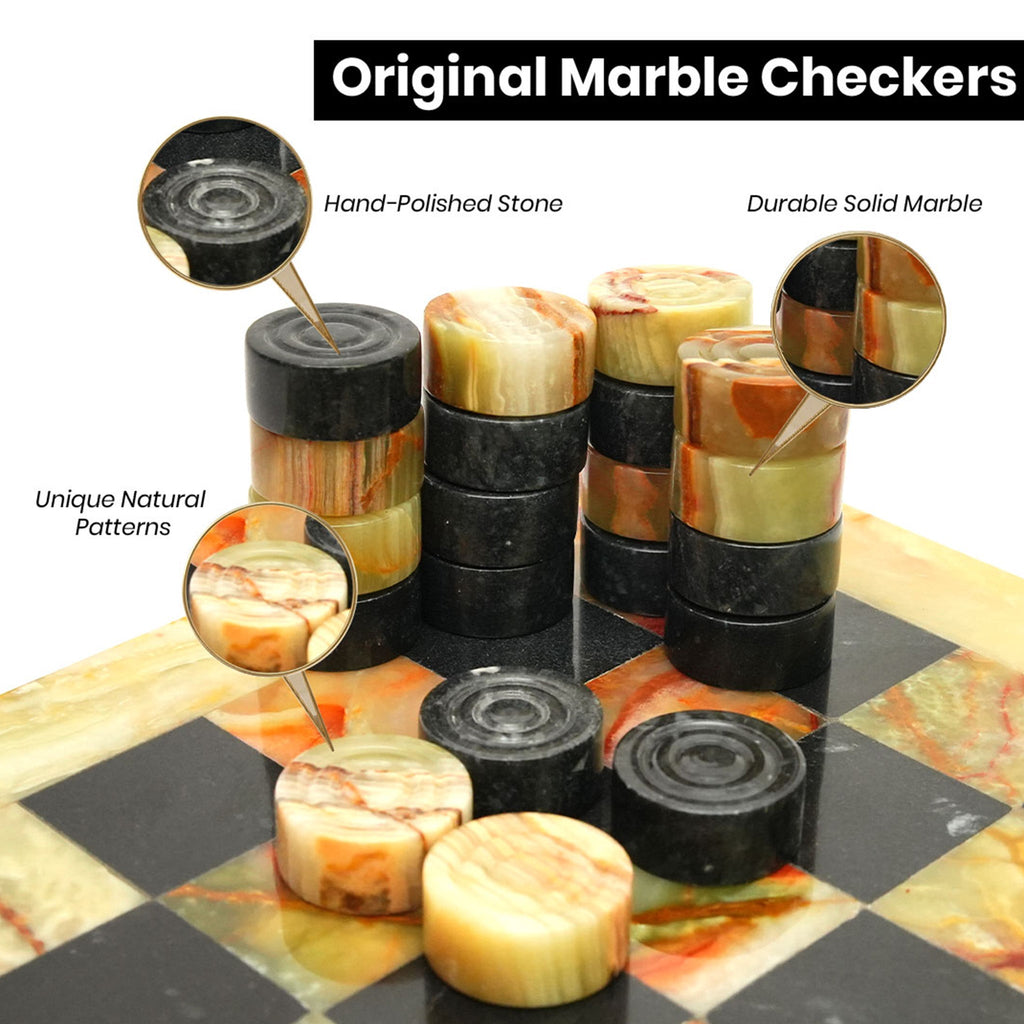 Black & Green Onyx Marble Checkers Set – (32 Premium Luxury Pieces)