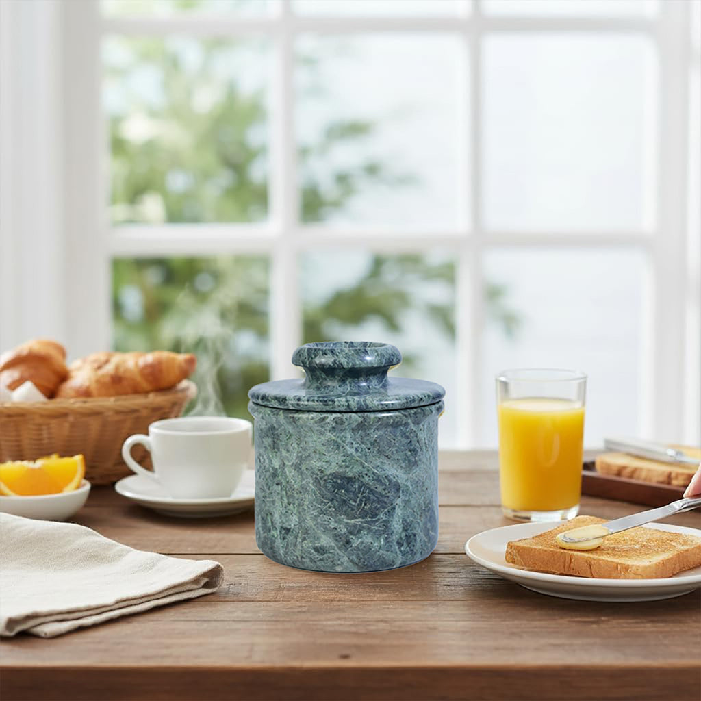 Jungle Green Marble Butter Keeper with Lid - Marble Butter Dish