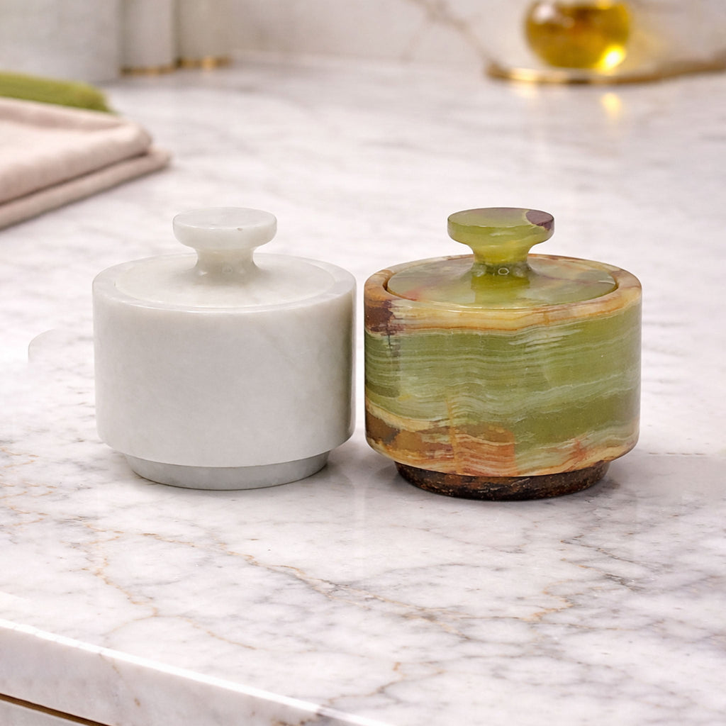 White and Green Marble Salt Cellar with Lid – 2 Pack Set