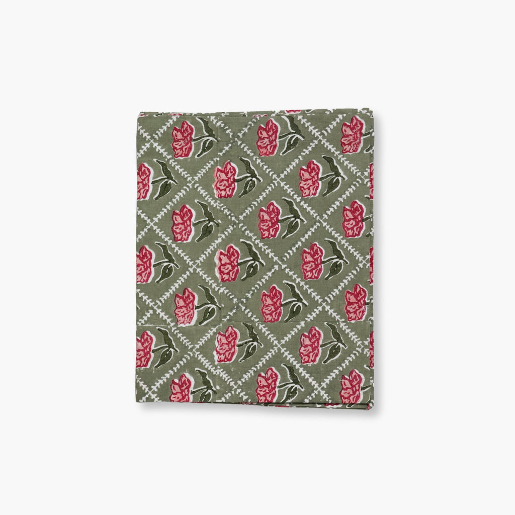 Noor Linen Table Runner — Olive & Pink