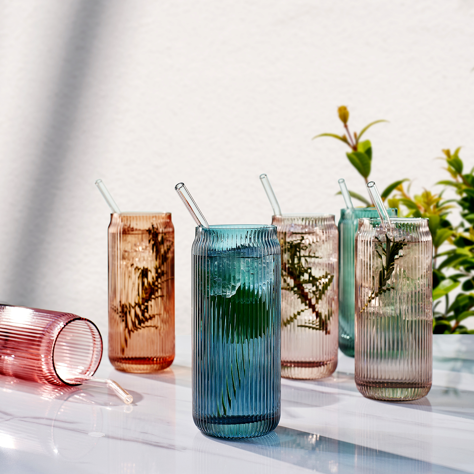 Tonal Ribbed Soda Can Highball Glassware & 6 Glass Straws, Set of 6