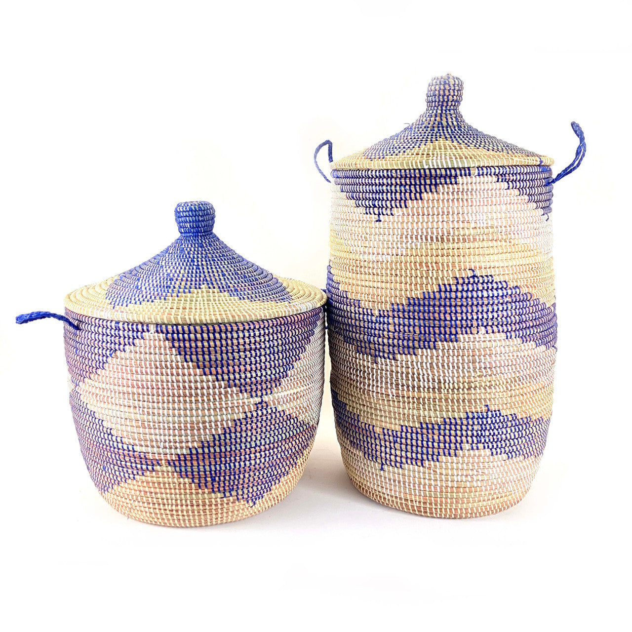 Low Storage Floor Basket - Blue + Natural Diamond Pattern