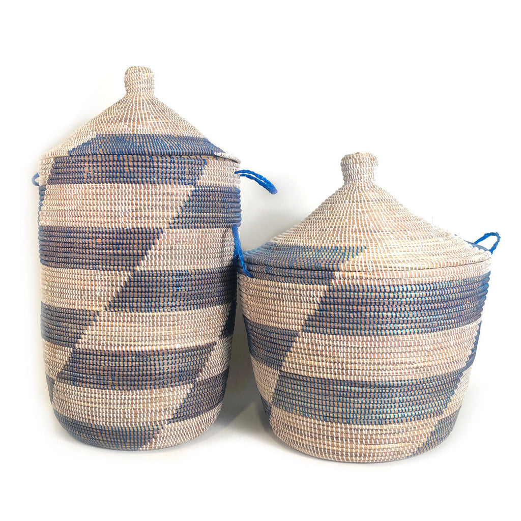 Low Storage Hamper Basket - Blue Stripe Design