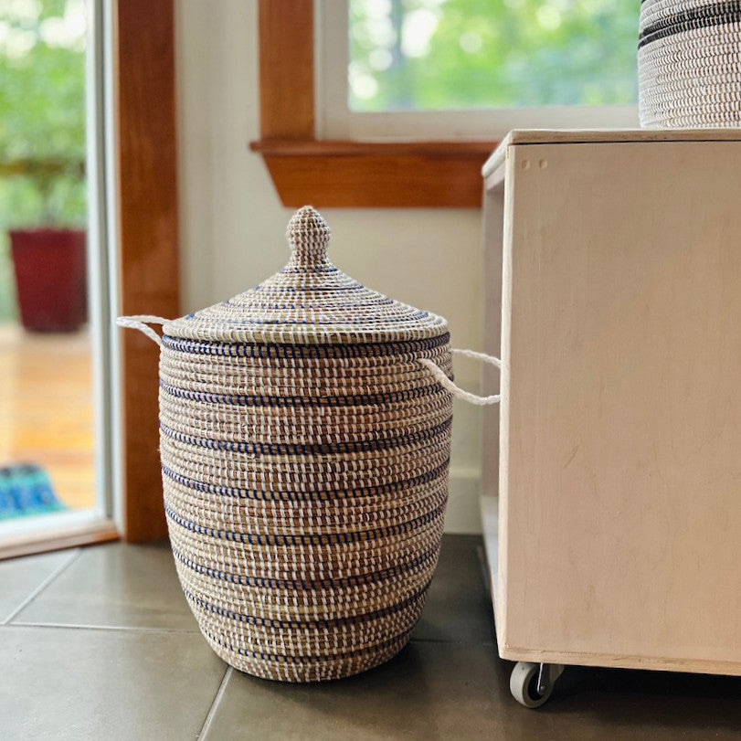 Striped White + Navy Medium Basket