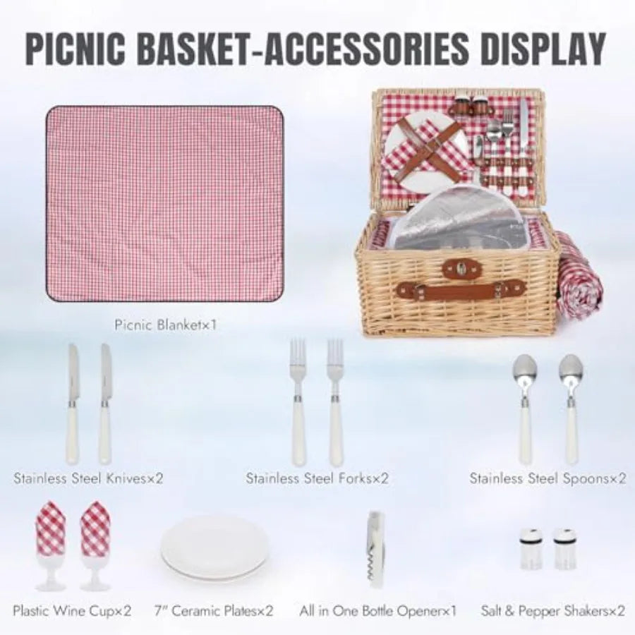 Picnic Basket Set for 2 - Wicker Picnic Basket with Waterproof Blanket and Insulated Liner Large Handmade Willow Hamper with Cu
