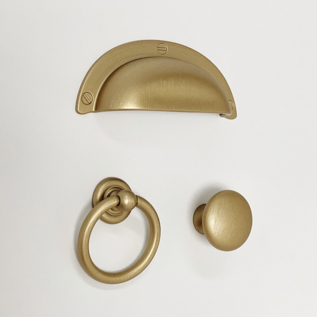 Capri Brushed Gold Cup Drawer Pull, Ring Pull or Round Cabinet Knob