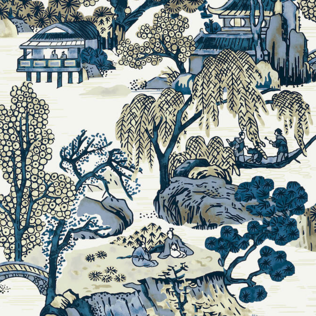 Asian Scenic Pillow Cover in Navy, Thibaut Pillows