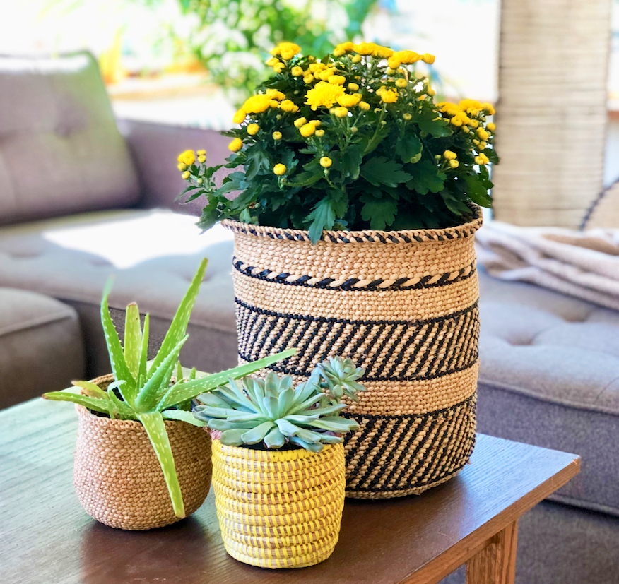 Natural African Iringa woven basket with Black Stripe