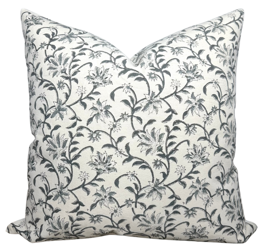 Vine Floral Print Pillow Cover in Indigo on Natural