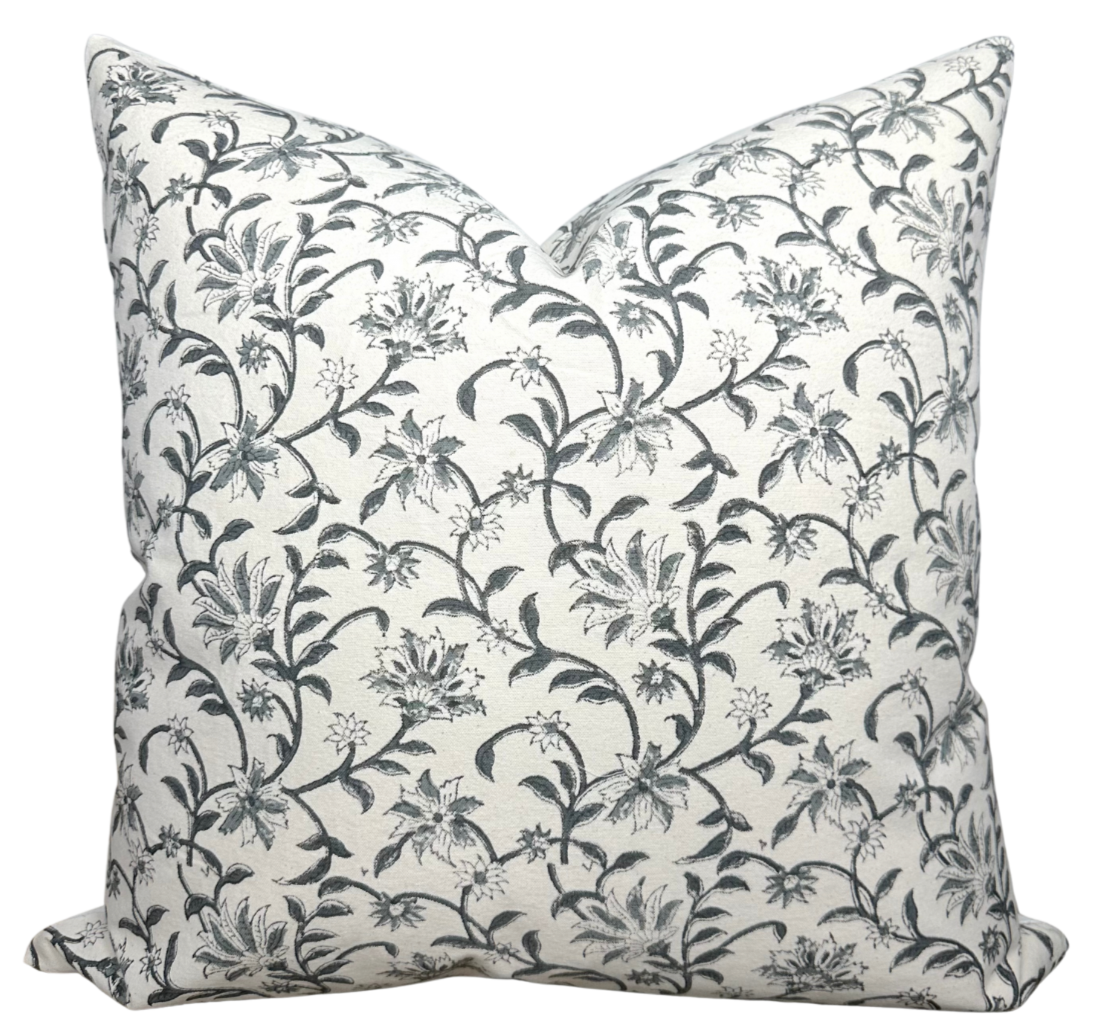 Vine Floral Print Pillow Cover in Indigo on Natural