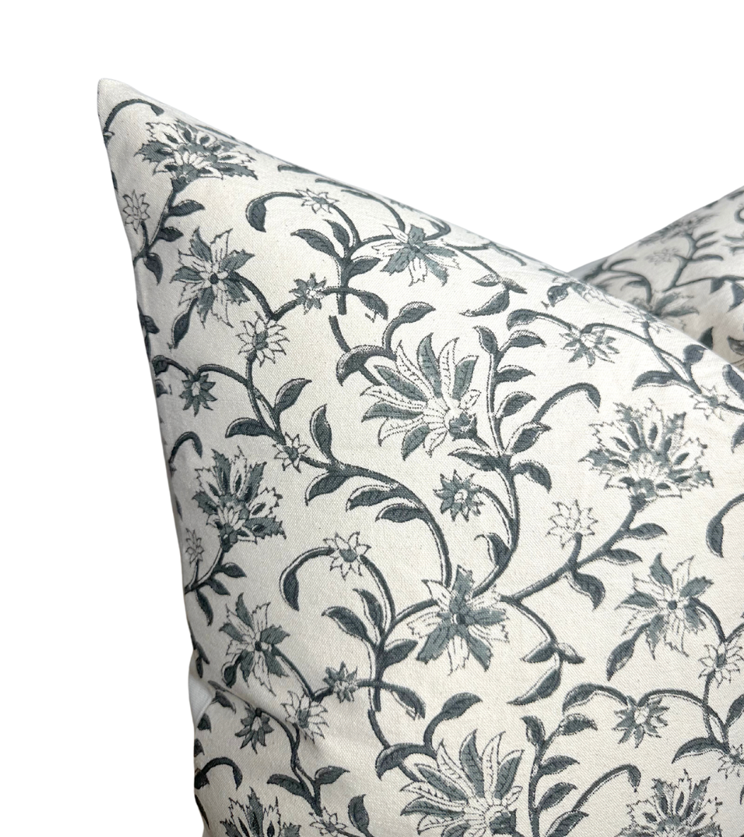 Vine Floral Print Pillow Cover in Indigo on Natural