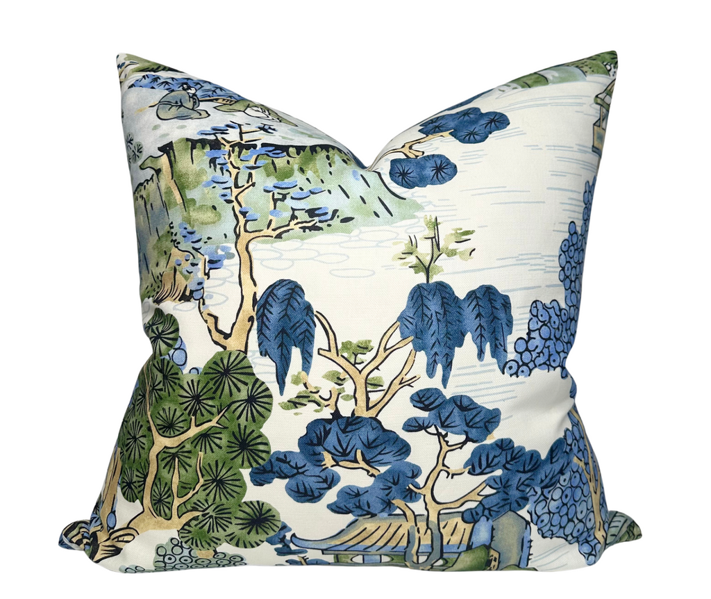 Asian Scenic Pillow Cover in Blue and Green, Thibaut Pillows