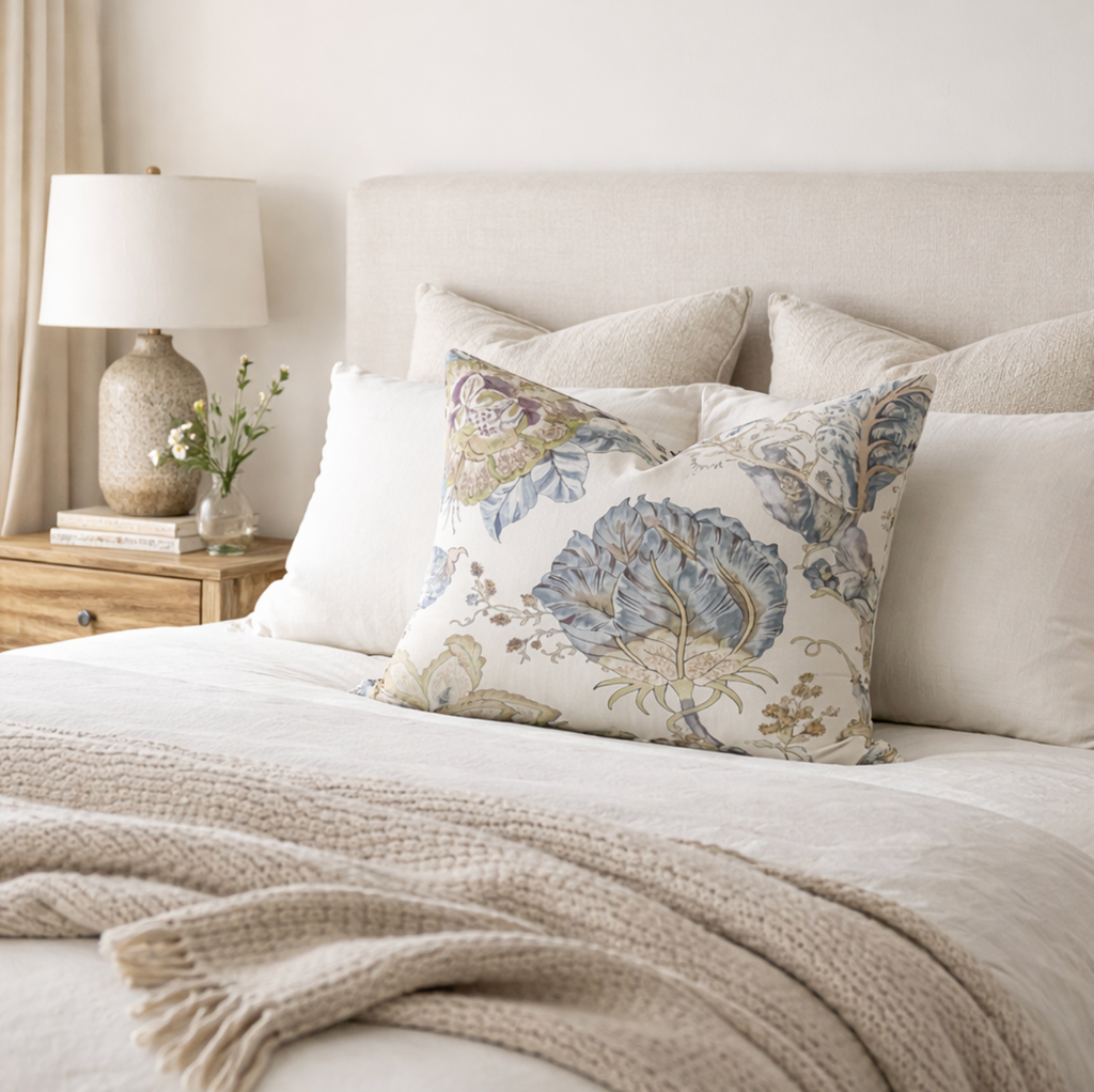 Kalamkari Pillow Cover in Aqua, Thibaut Pillows