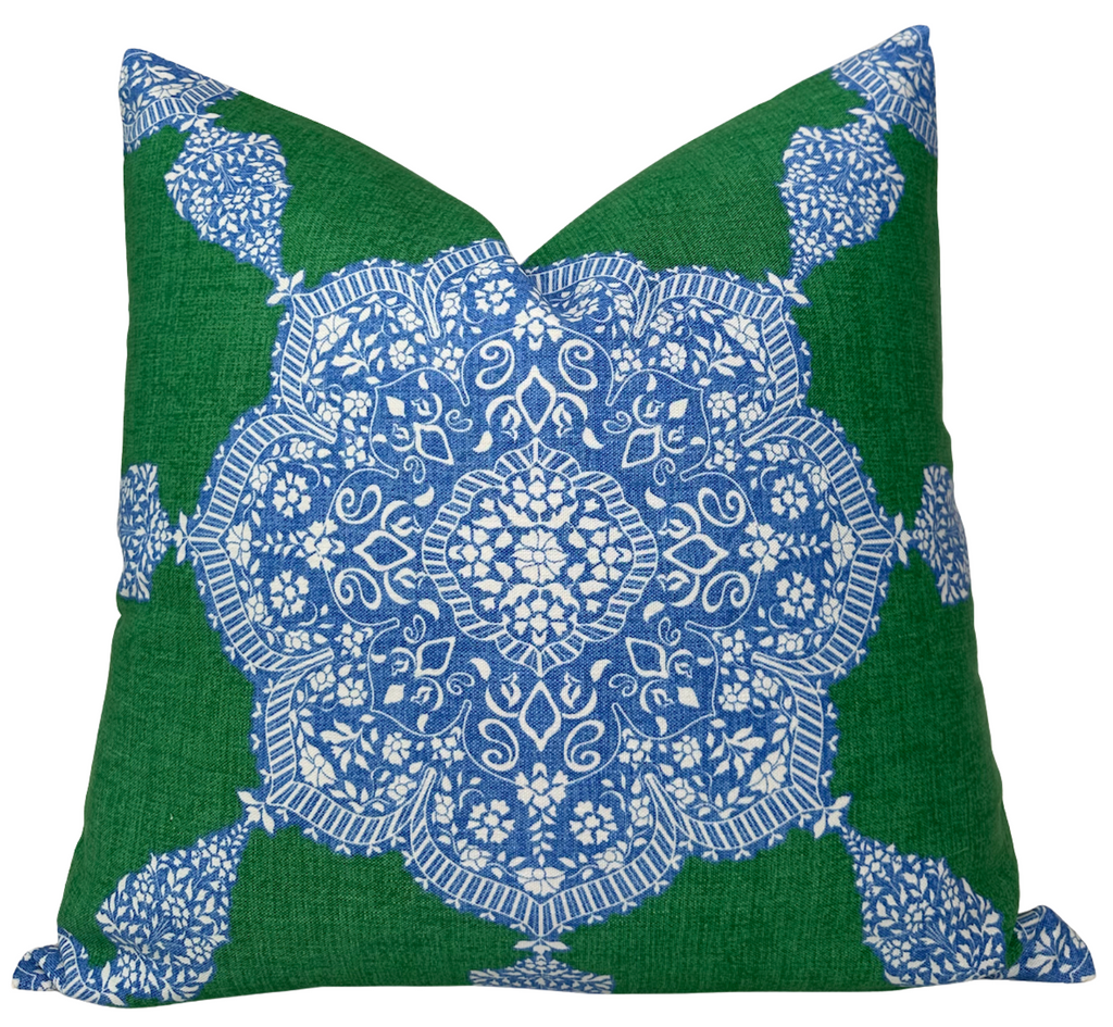 Medallion Pillow Cover in Blue and Green, Thibaut Pillows