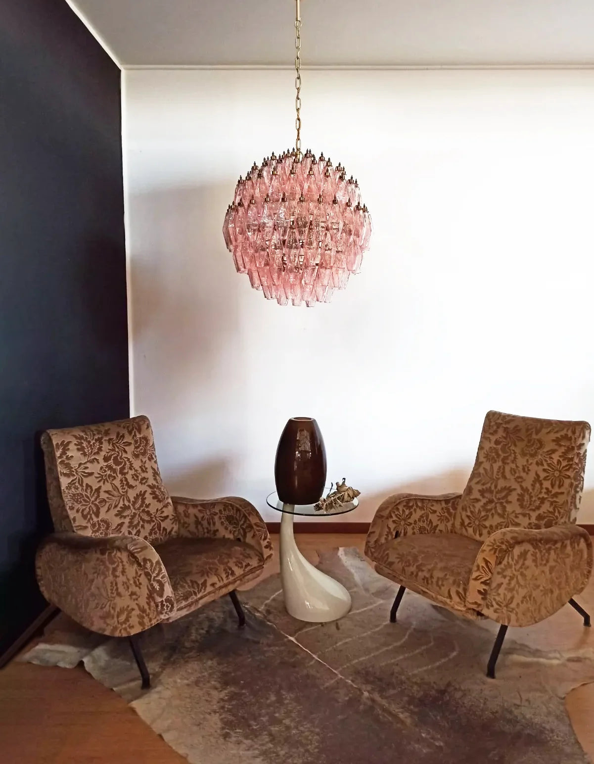 Spherical Poliedri Pink Glass Chandelier
