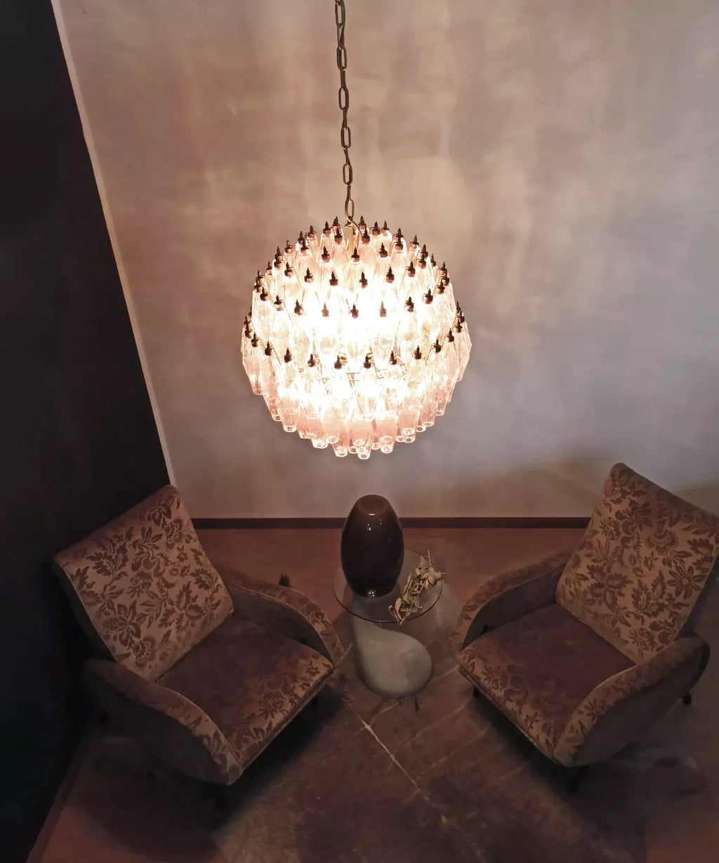Spherical Poliedri Pink Glass Chandelier