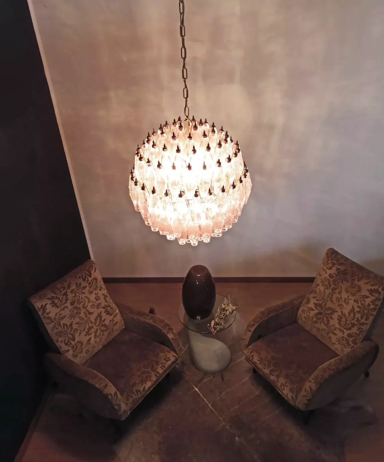 Spherical Poliedri Pink Glass Chandelier