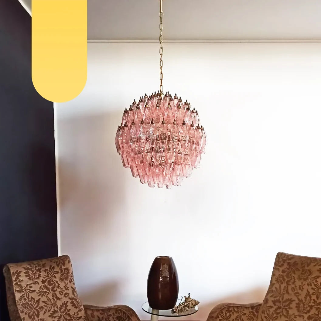 Spherical Poliedri Pink Glass Chandelier