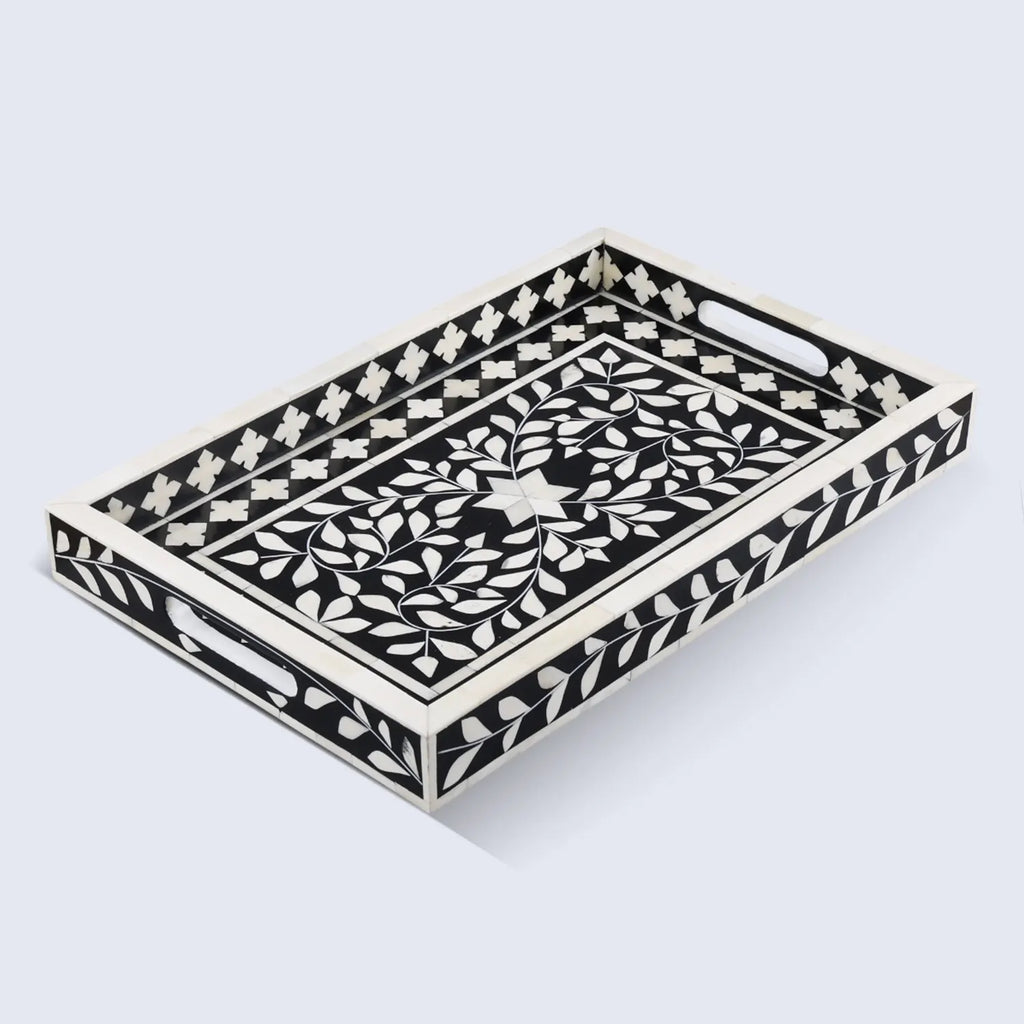 Decorative Tray Alhambra Negra Black White Bone & Resin Inlay – 11" x 17", 12" x 12"