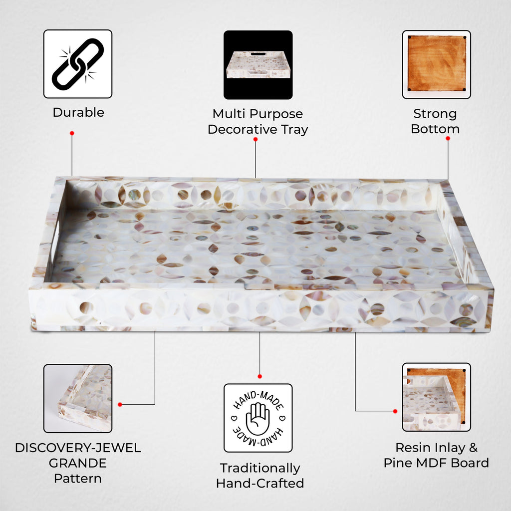 Decorative Tray Discovery Jewel Grande Pattern Mother of Pearl, White, 11" x 17" & 12" x 12"