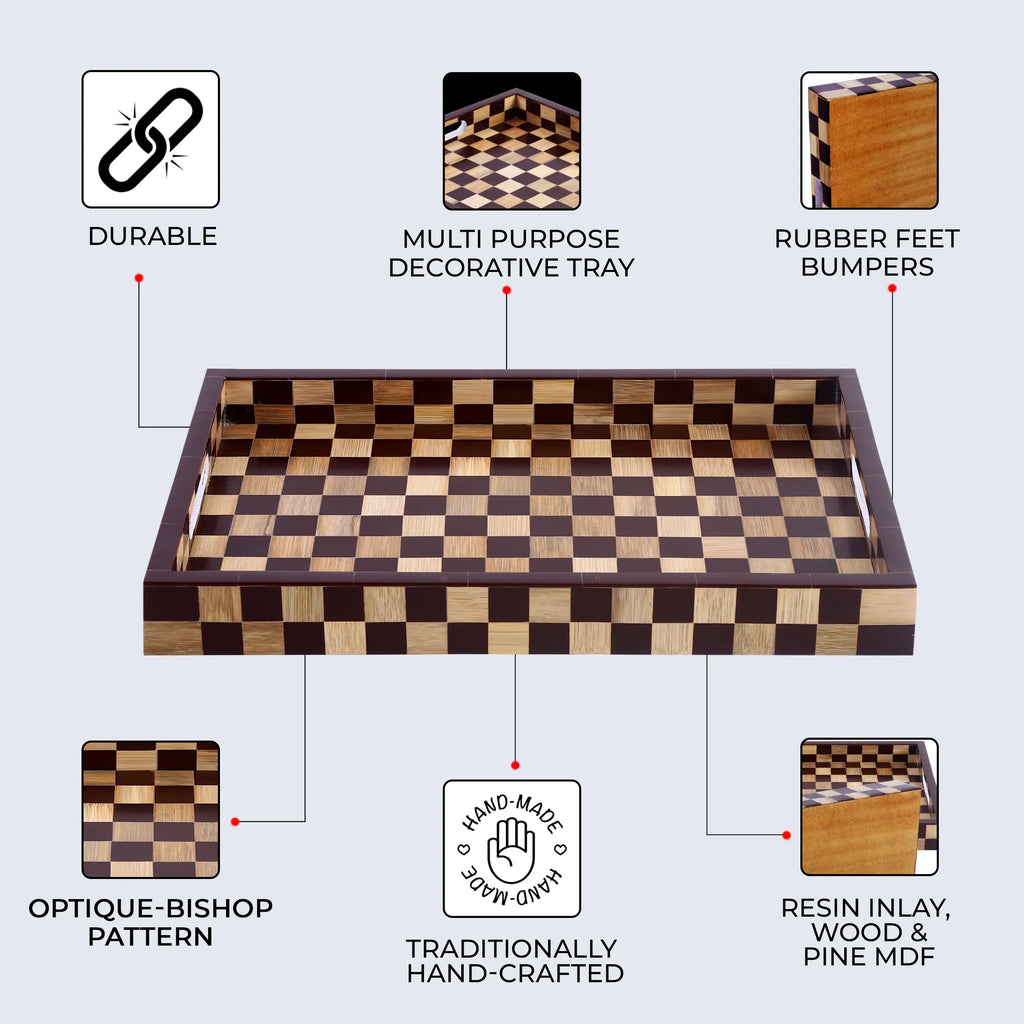 Brown Checkered Decorative Tray Coffee Table Ottoman 17"x11"