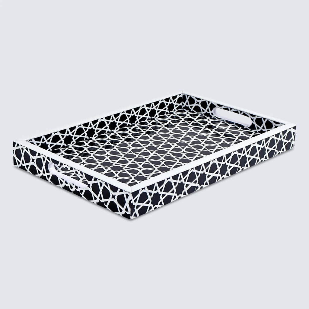 Decorative Tray Zellij Grande Black & White Resin Inlay, 11" × 17", 12" × 12"